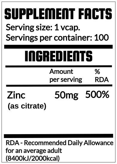 ZINC Strong QRP Nutrition 50 mg supp facts